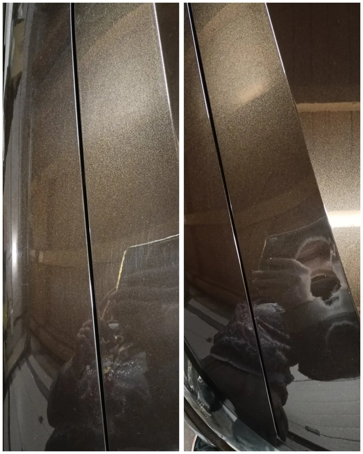 Detail laku na sloupku před renovací a po ní